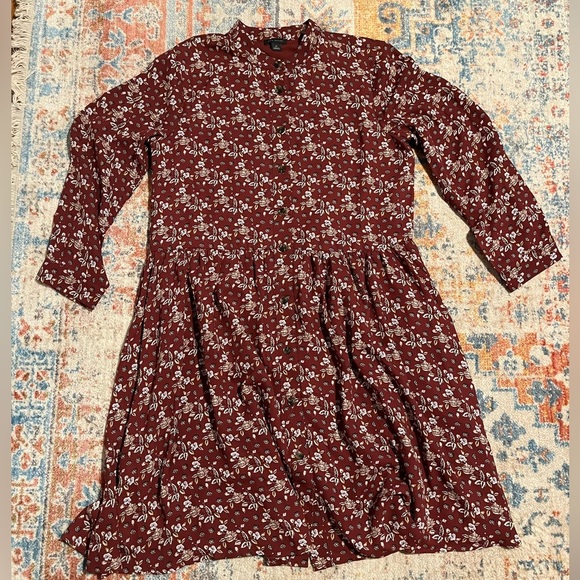 Ann Taylor dark red floral button down dress mandarin collar - Picture 1 of 5